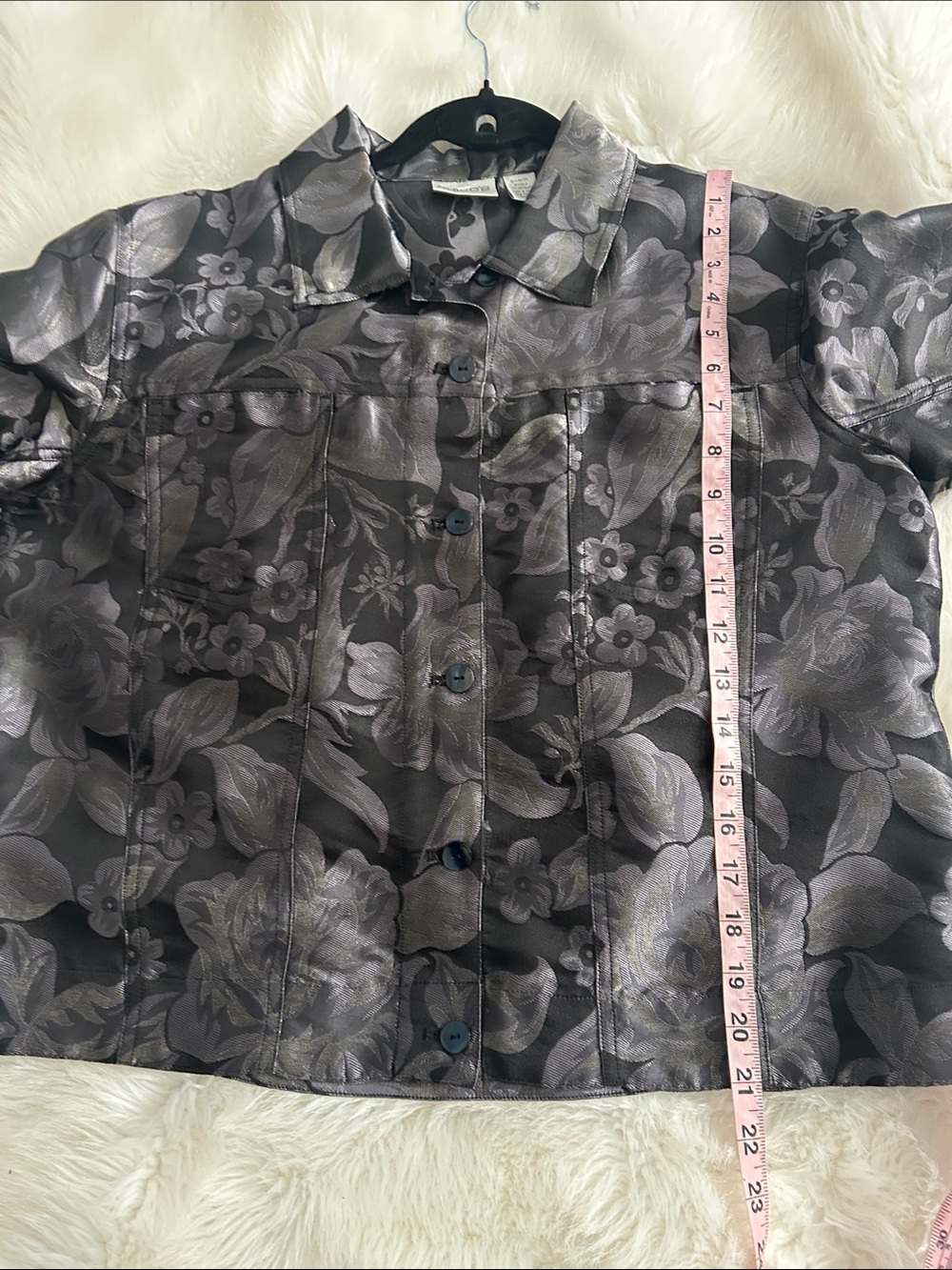 Chico's silk blend Metallic Floral-Print Button Front Jacket in Silver and Black - Picture 6 of 7